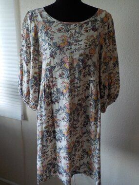 Ava James Dress - Medium - Floral Boho Linen Blend Puff Sleeve (2597)